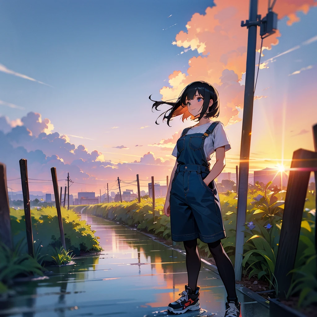 (high quality, High resolution, Very detailed, reality:1.37), Peaceful atmosphere, (Outdoor, garden),  girl standing alone, (my breasts are big.), Beautiful details, Cute Smile, (Black bob hair), Short sleeve shirt, Overalls, Black tights, sneakers.