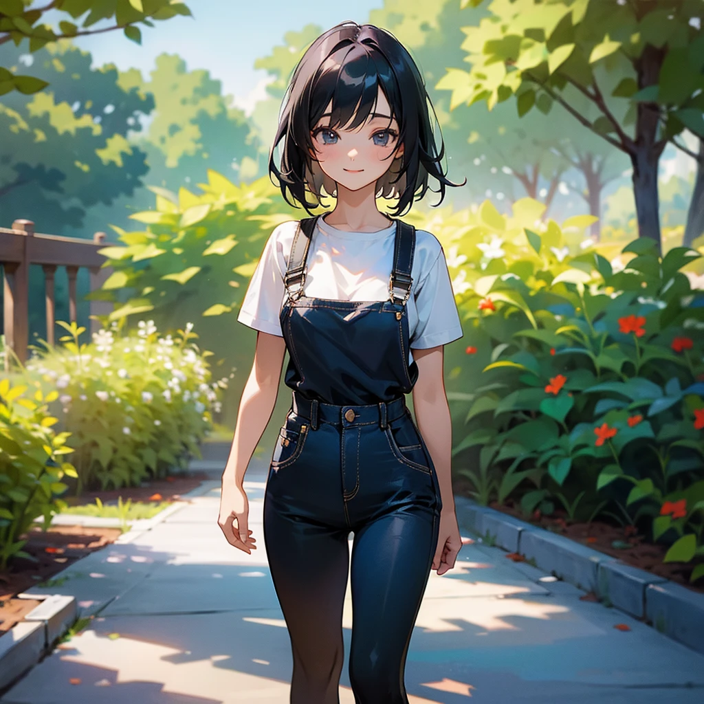 (high quality, High resolution, Very detailed, reality:1.37), Peaceful atmosphere, (Outdoor, garden), Teenage girl standing alone, (my breasts are big.), Beautiful details, Cute Smile, (Black bob hair), Short sleeve shirt, Overalls, Black tights, sneakers.