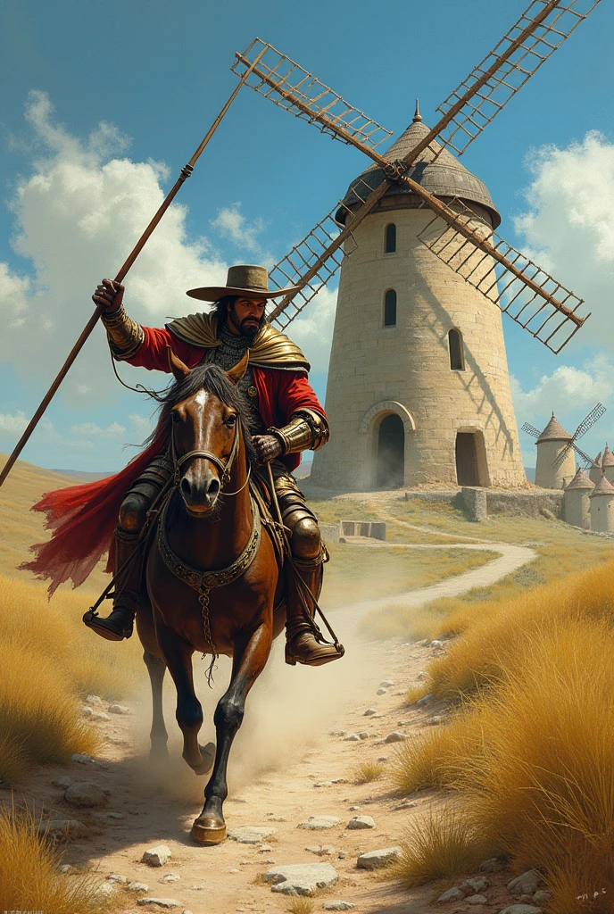 Don Quixote de la Mancha fighting with windmills thinking they are knights