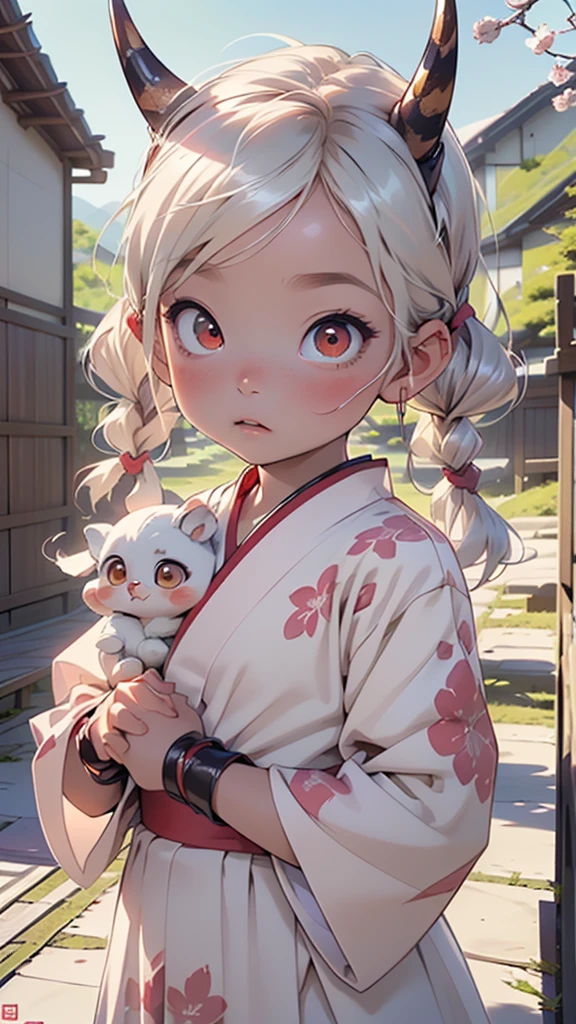 ((waraku chise, oni horns)),(((1 ddler:1.4))), (ba (round face), (little chest), (white hair, twin braids, low twintails, very long hair, sidelocks, hair flower, big forhead:1.2), ((red_eyes:1.5)),((beautiful big eyes:1.3), intricate eyes,beautiful detailed eyes,symmetrical eyes,big eyes:1.5, extremely detailed cute anime face, solo,🦄,🌈,kawaii,(((lustrous skin:1.5,tanned skin,bright skin: 1.5,skin tanned,shiny skin,very shiny skin,shiny body))),((nsfw)),((little ,chibi))),((small tiny body)),,((((6 years old)) chest)),
((halo, japanese clothes, detached sleeves, bridal gauntlets, obi, tabi, geta, sailor collar, blue bow,kawaiitech, pastel)),
(dynamic pose:1.0),embarrassed,(centered,scale to fit dimensions,Rule of thirds),
((cherry blossoms, Mountains covered with cherry blossoms, Change of the four seasons, mountains of japan)),scenery:1.25,((intricate scenery)),
(Glossy japan ornaments),highres,sharp focus,(ultra detailed,extremely detailed),(photorealistic artwork:1.37),(extremely detailed CG unity 8k wallpaper),(((vibrant colors,vibrant theme))),(intricate),(masterpiece),(best quality),artistic photography,(photography taken by sldr),(intricate background),perfect rendered face,perfect face details,realistic face,photo realistic,((intricate detail)),(((realism))),