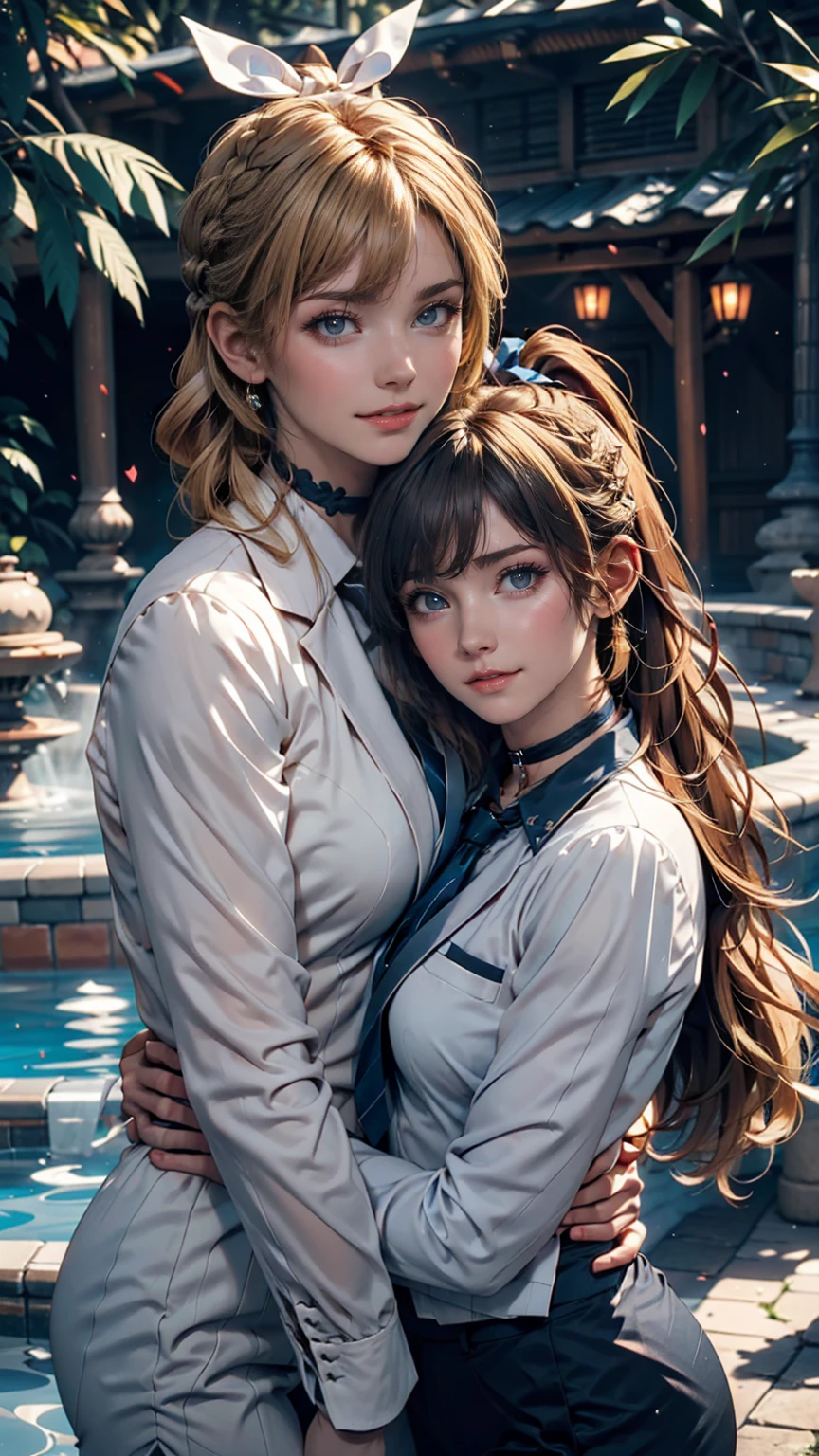 1 Girl, (alone:1.3), ditch, hot spring, Outdoor, Suit jacket, Hug your feet, of course(Blue Archive), Medium chest, Blonde, Braid(Tie with ribbon), Folded ponytail, Hair Ribbon, choker