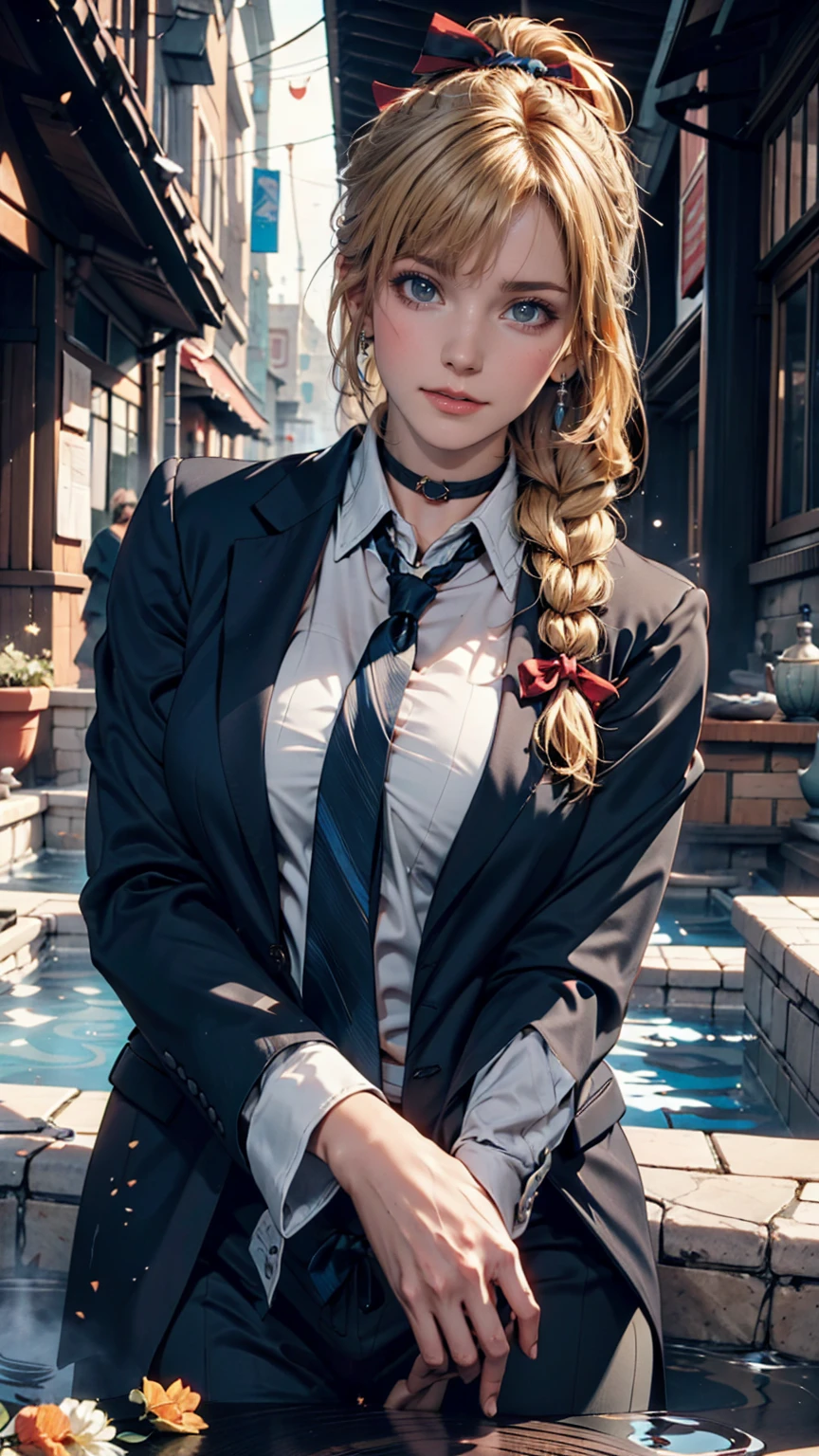 1 Girl, (alone:1.3), ditch, hot spring, Outdoor, Suit jacket, Hug your feet, of course(Blue Archive), Medium chest, Blonde, Braid(Tie with ribbon), Folded ponytail, Hair Ribbon, choker