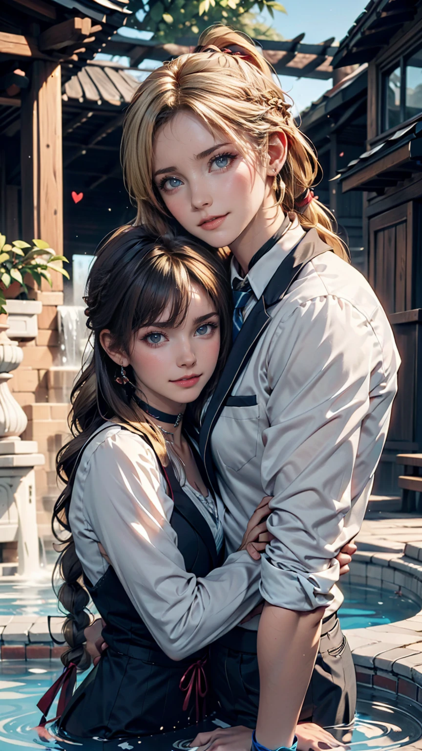 1 Girl, (alone:1.3), ditch, hot spring, Outdoor, Suit jacket, Hug your feet, of course(Blue Archive), Medium chest, Blonde, Braid(Tie with ribbon), Folded ponytail, Hair Ribbon, choker