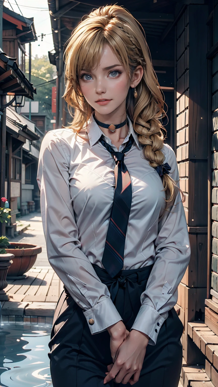 1 Girl, (alone:1.3), ditch, hot spring, Outdoor, Suit jacket, Hug your feet, of course(Blue Archive), Medium chest, Blonde, Braid(Tie with ribbon), Folded ponytail, Hair Ribbon, choker