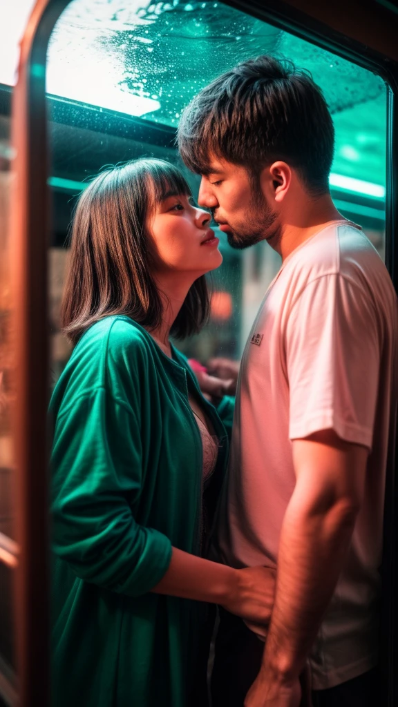 A candid full body shot, (behind a glass shot:1.2), (best quality:1.5), japanese, 1man, 1girl, 35y a man in casual cloth with short black hair, 25y sweet and chubby girl in pink slipdress and sneakers, in a gas station, a man carrying a girl and giving sex kiss, she has messy mid long bang hair, (carrying posing:1.3), real couple, (having sex:1.3), 120 film looks, (neon light reflection in glass surface:1.3), ambient lighting, night, (rainy:1.2), detailed face and eyes, detailed nose and lips, very highly detailed, surreal view, (sharp focus:1.3), shot by mamiya analog film, (aesthetic photography:1.3), (dynamic wide angle:1.3)