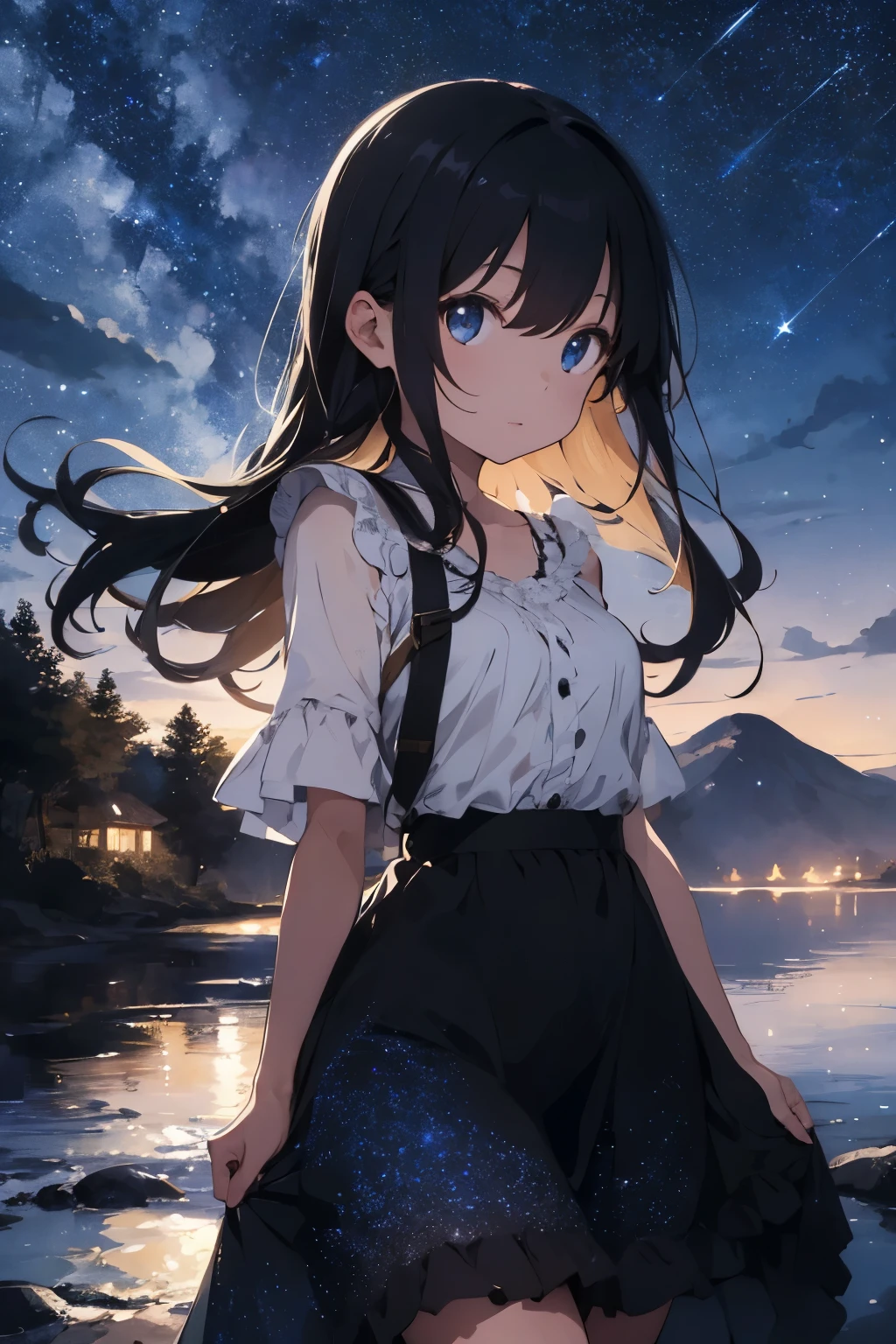 A young girl walking under the night sky. She is surrounded by a sea of stars, with a crescent moon illuminating her path. She has long flowing hair, slightly blowing in the wind, and is wearing a light, ethereal dress that glows softly in the moonlight. The girl appears calm and dreamy, her eyes reflecting the starlight. The background features a serene night sky with constellations visible, creating a magical and peaceful atmosphere. The scene is tranquil, with a touch of fantasy.