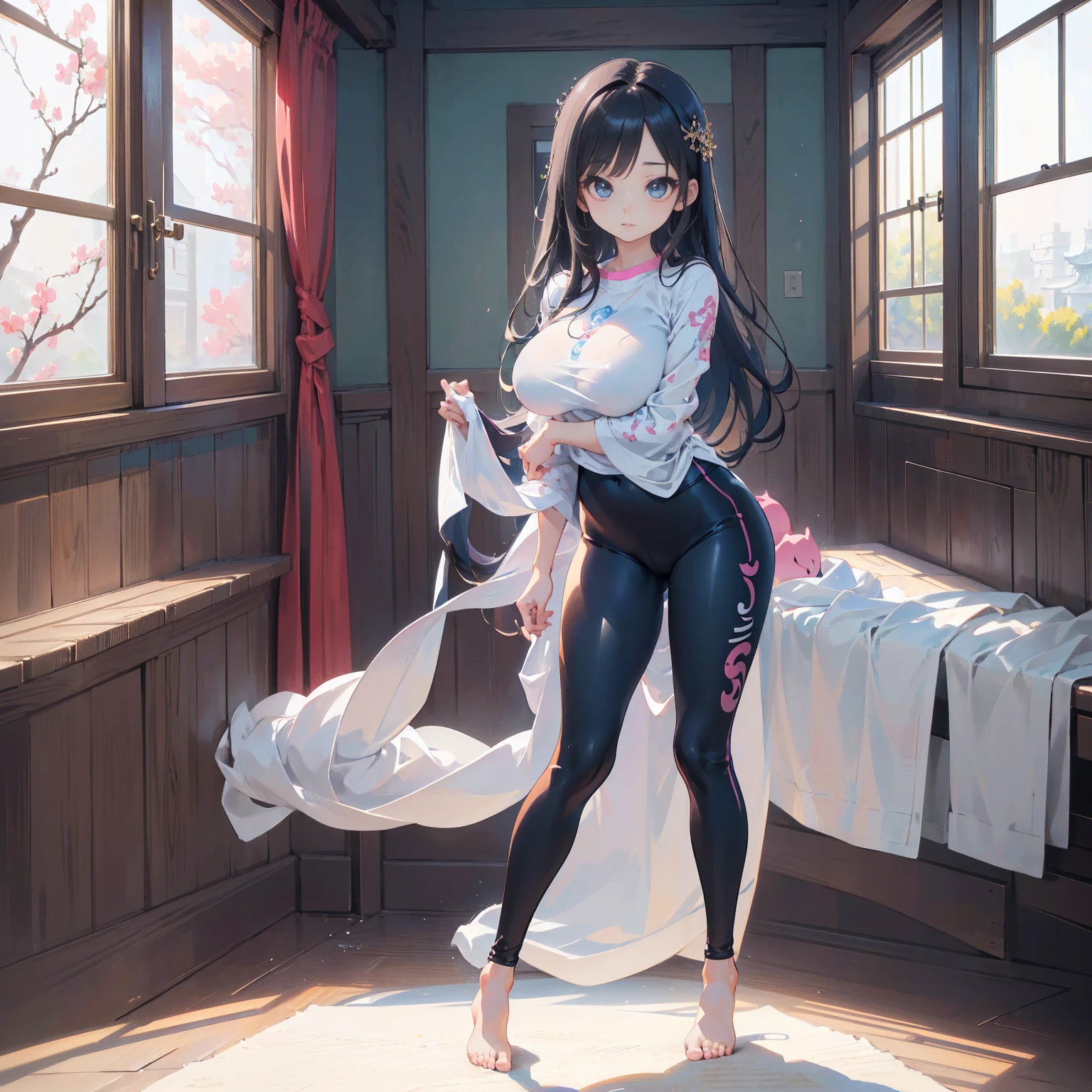 Anime Kawaii sexy Perfect Slim sensual body large breast and huge thighs, An intricate and highly detailed illustration of anime (Young girl). (((work of art))),(((high resolution)))、(((8k)))、(((face perfect)))、(((korean idol)))、25 years old, (yoga pants), Look to the camera, ((high quality eyes)), high quality face, detailed texture, rug, in this