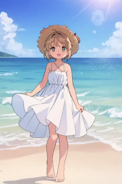 High resolution backgrounds,Beautiful background,anime, cute,Midsummer Beach,Cumulonimbus clouds floating on the horizon,Reflective and sparkling sea surface,9-year-old girl,A white summer dress with only straps on the shoulders,Chestnut Hair,Short Bob Hair,barefoot,Happy expression,White straw hat,Lens flare,The hem of a skirt fluttering in the wind,Cowboy Shot