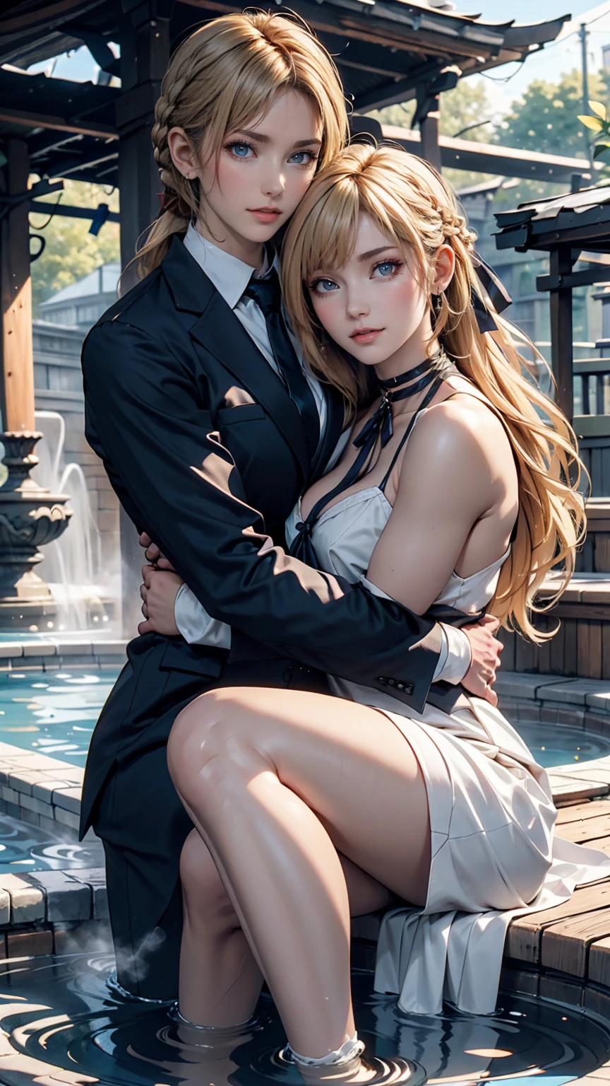 1 Girl, (alone:1.3), ditch, hot spring, Outdoor, Suit jacket, Hug your feet, of course(Blue Archive), Medium chest,  Blonde, Braid(Tie with ribbon), Folded ponytail, Hair Ribbon, choker