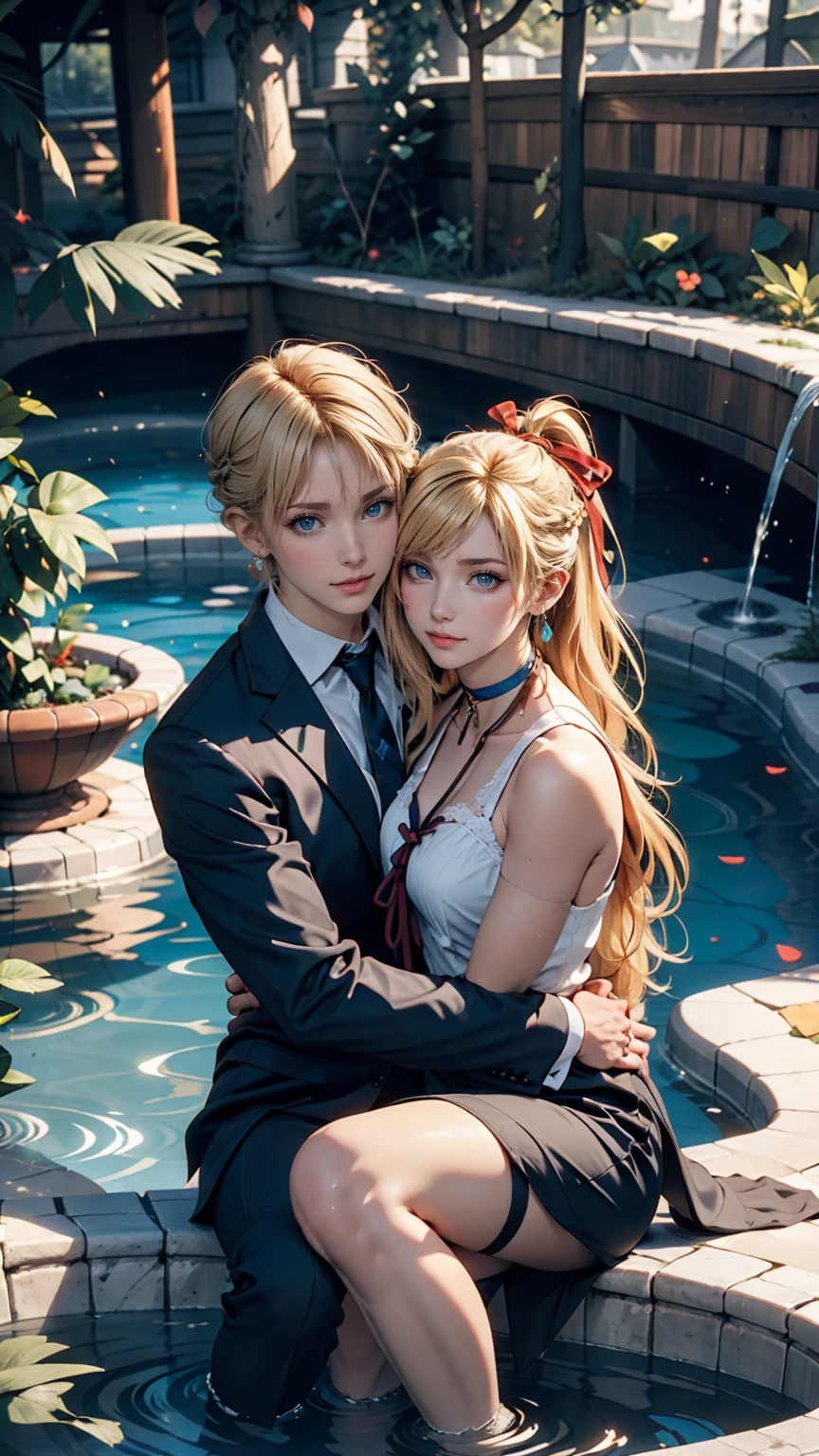 1 Girl, (alone:1.3), ditch, hot spring, Outdoor, Suit jacket, Hug your feet, of course(Blue Archive), Medium chest,  Blonde, Braid(Tie with ribbon), Folded ponytail, Hair Ribbon, choker