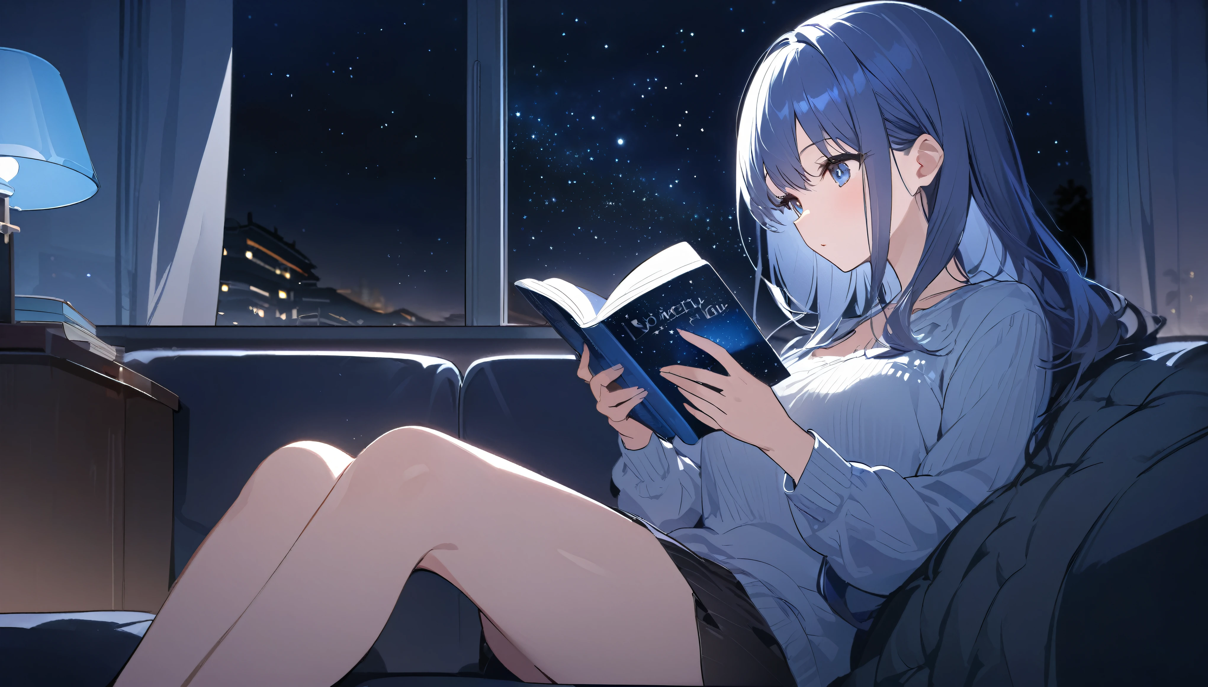 sitting on the sofa and reading a book,In front of a large window,Night starry sky,Streetscape、listen to music、