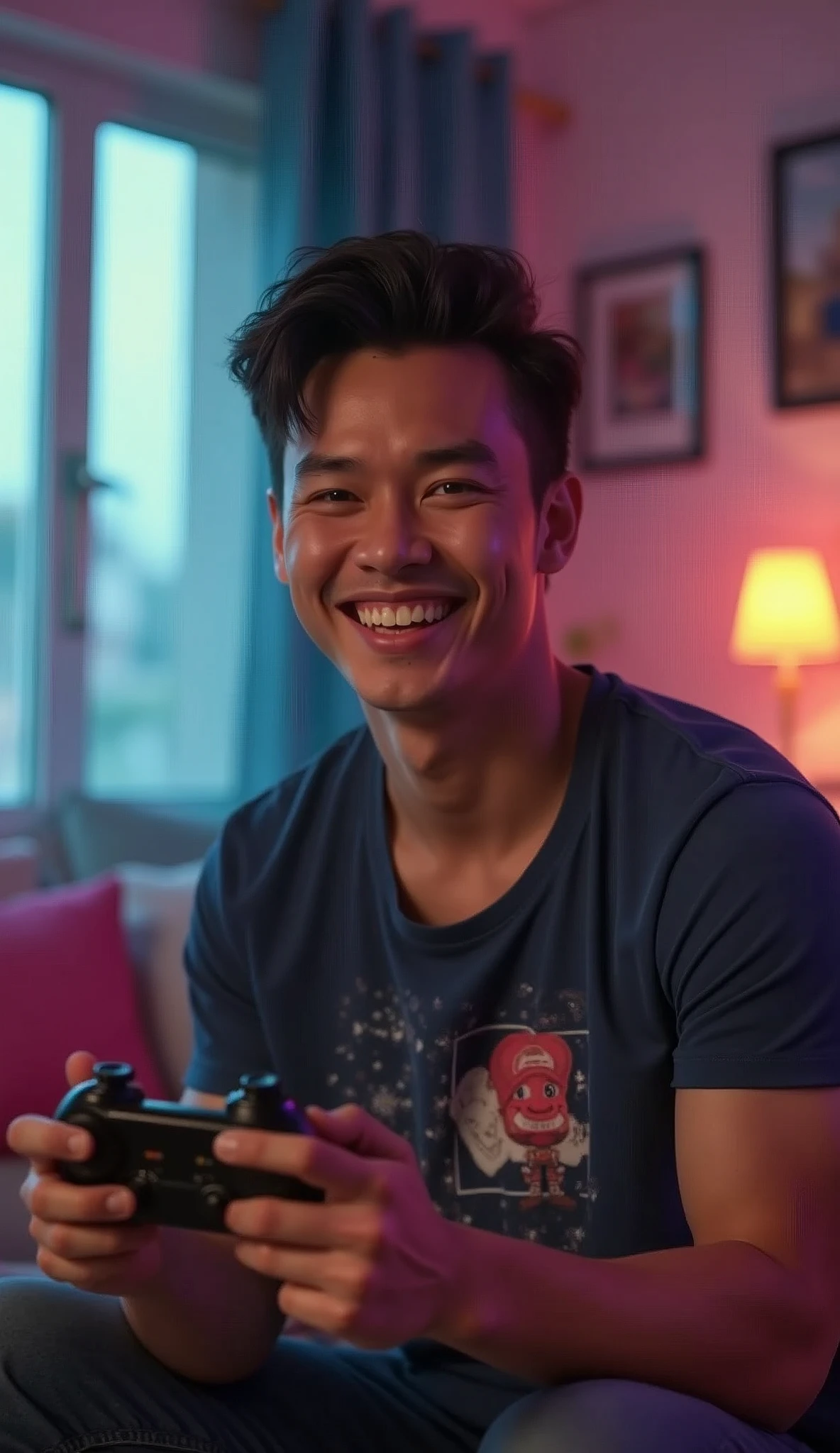 photorealistic, best quality, masterpiece, extremely detailed, (side view), extremely handsome, 20 year old bruneian man, no facial hair, muscular build, wearing 8bit graphic tshirt, laughing, looking directly at camera, holding a video game console controller, playing video games, sitting on couch, in fun bedroom, extremely romantic atmosphere, perfect face, perfect fingers, perfect hands, perfection