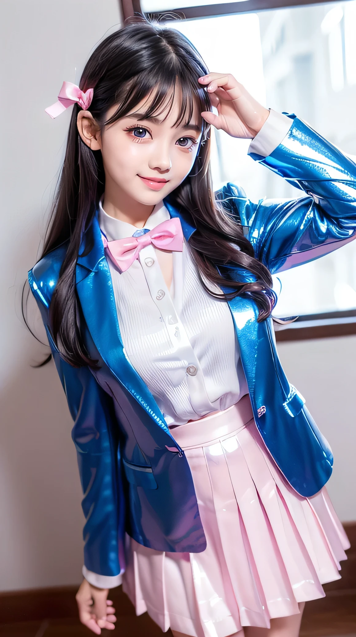 (Very beautiful  cute girl), (very  cute face:1.2),, (sparking crystal clear attractive large eyes), Beautiful eyes, Detailed double eyelids, (smiling), (realistic photograph:1.2), long straight hair,white blouse,
(Super Shiny Metallic Blue Blazer :1.2),school uniform,
(super reflective surface uniform:1),pink ribbon bow Tie,(super shiny metallic pink pleated skirt:1.1)