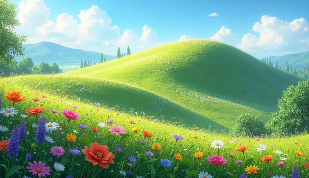 Create a landscape image of a flowery hill