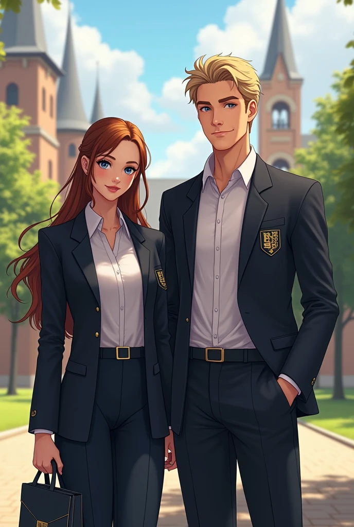 Make Anna Shcherbakova wearing a university uniform, next to a tall, blond young man , By joining a university