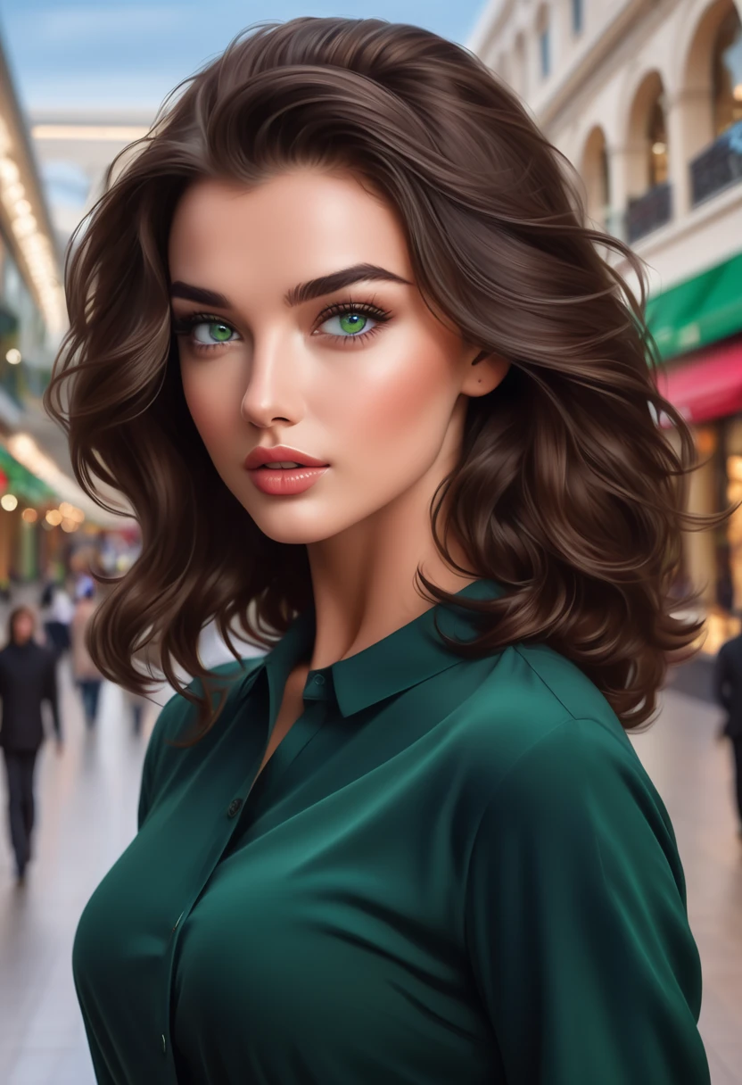 22-year-old girl, big brown hair, green eyes beautiful like amy Jackson at the mall with a 34 year old man with hair, dark short hair, blue eyes and gorgeous like Chris Wood