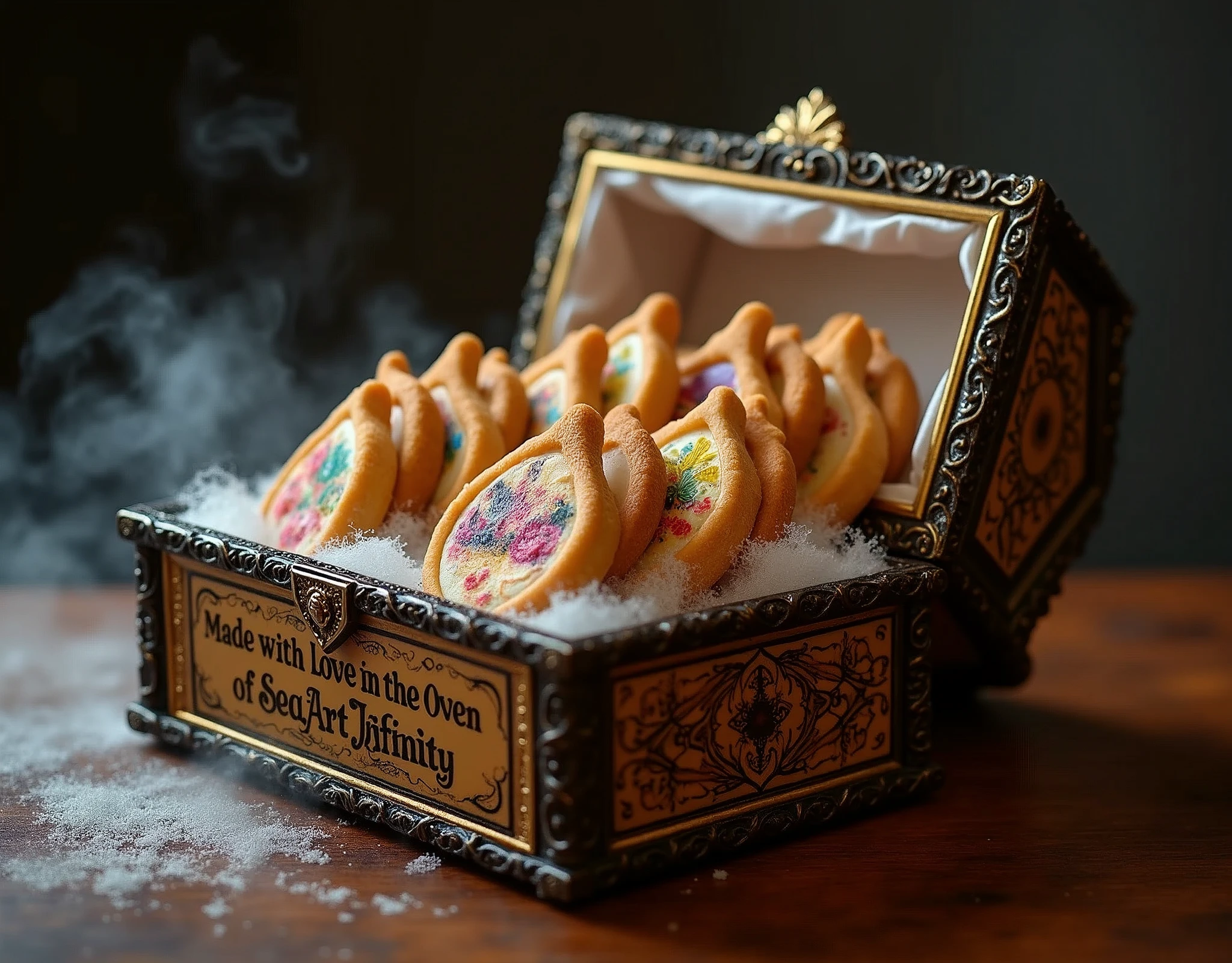 Professional close-up photo, ornate open luxurious box filled with stack of delicious triangle cookies, each cookie has image of beautiful fantasy scenery, magic sparkles around cookies, elegant text on the side of the box "Made with Love in the Oven of SeaArt Infinity", fog around the box on the surface of polished wood with intricate carvings, dramatic lighting, soft shadows, perfect composition.
