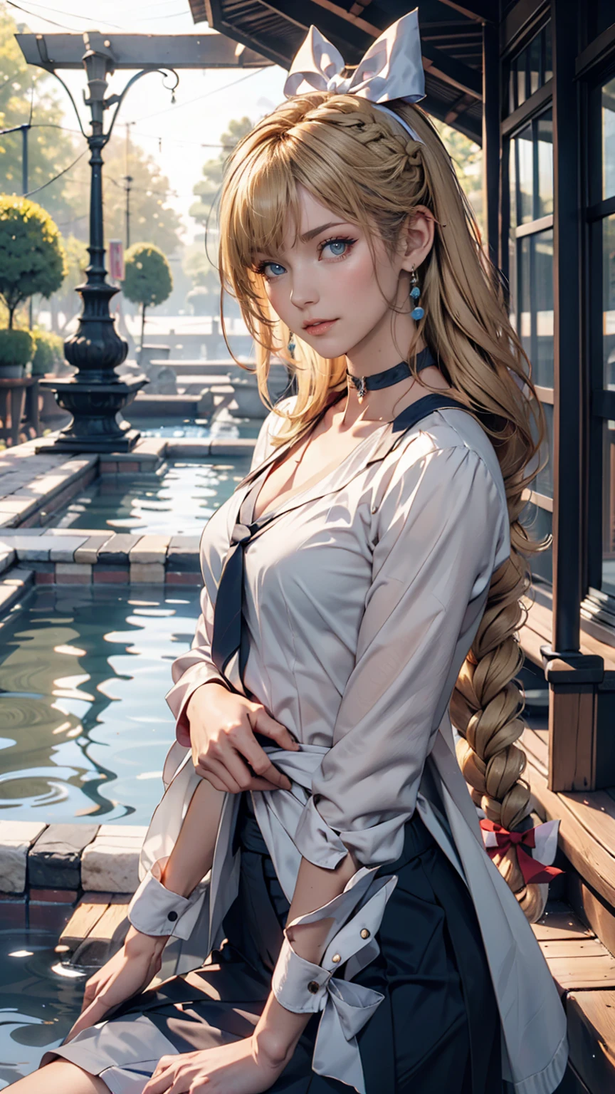 1 Girl, (alone:1.3), ditch, hot spring, Outdoor, Suit jacket, Hug your feet, of course(Blue Archive), Medium chest,  Blonde, Braid(Tie with ribbon), Folded ponytail, Hair Ribbon, choker
