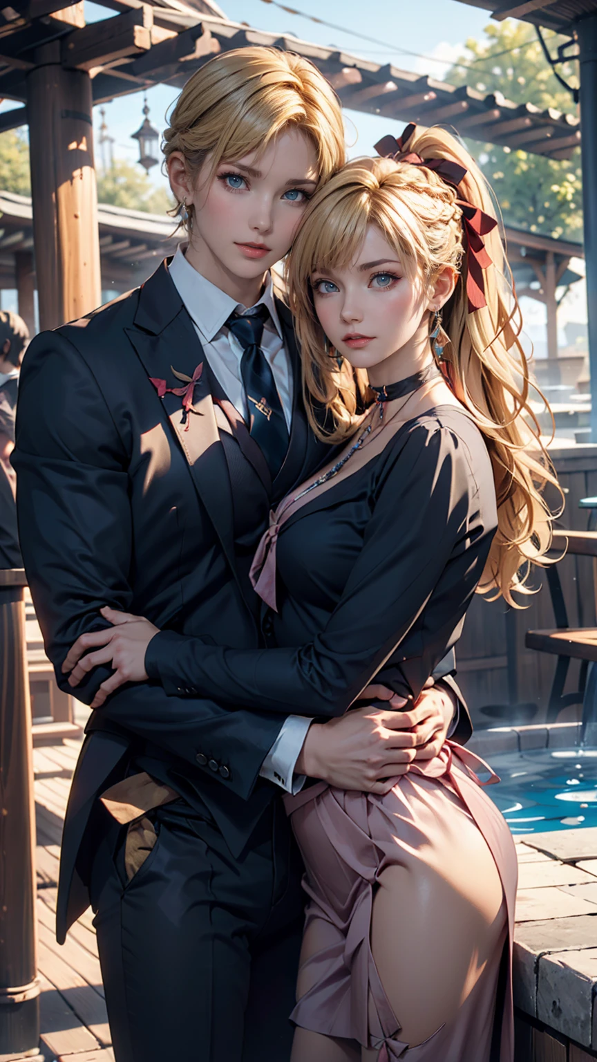 1 Girl, (alone:1.3), ditch, hot spring, Outdoor, Suit jacket, Hug your feet, of course(Blue Archive), Medium chest, Blonde, Braid(Tie with ribbon), Folded ponytail, Hair Ribbon, choker