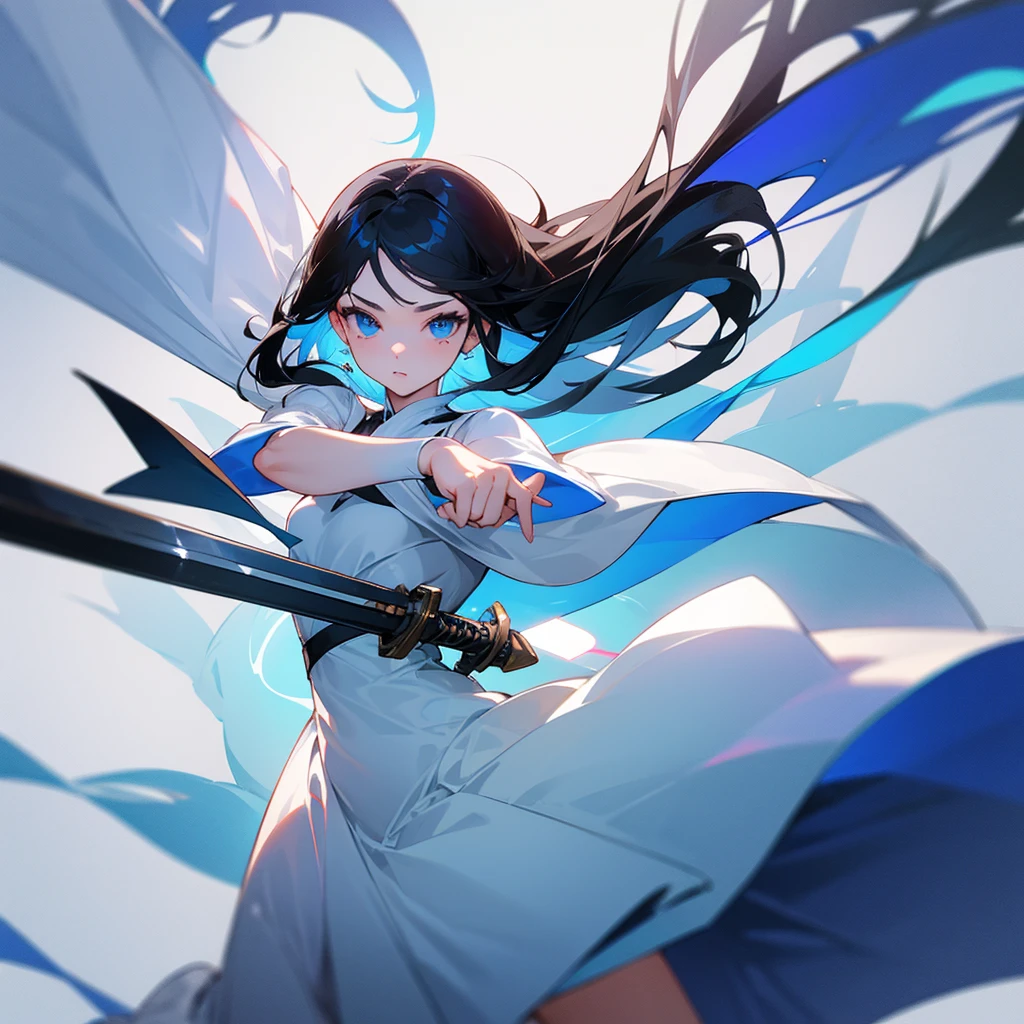 a beautiful girl, with white dress and squamosos , blue eyes, black hair, He holds a very powerful and shiny sword