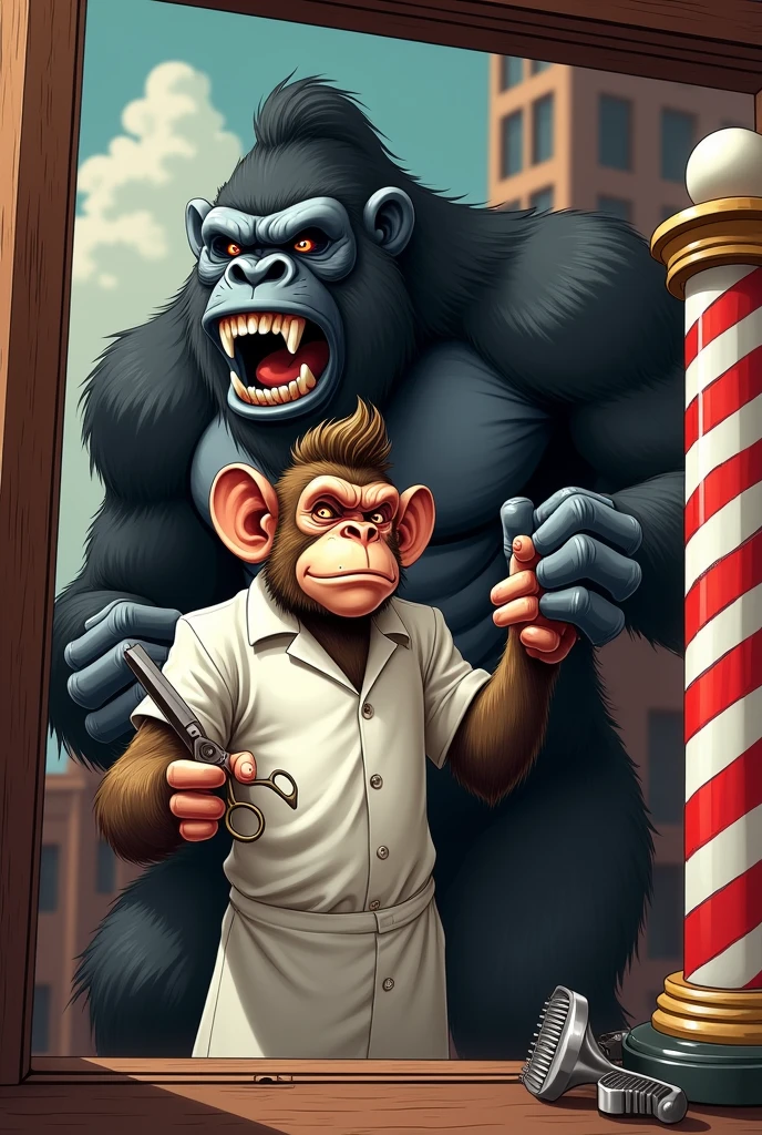 Barber shop sign featuring a monkey with a giant, furious gorilla beating its chest, holding clippers in its hands. 