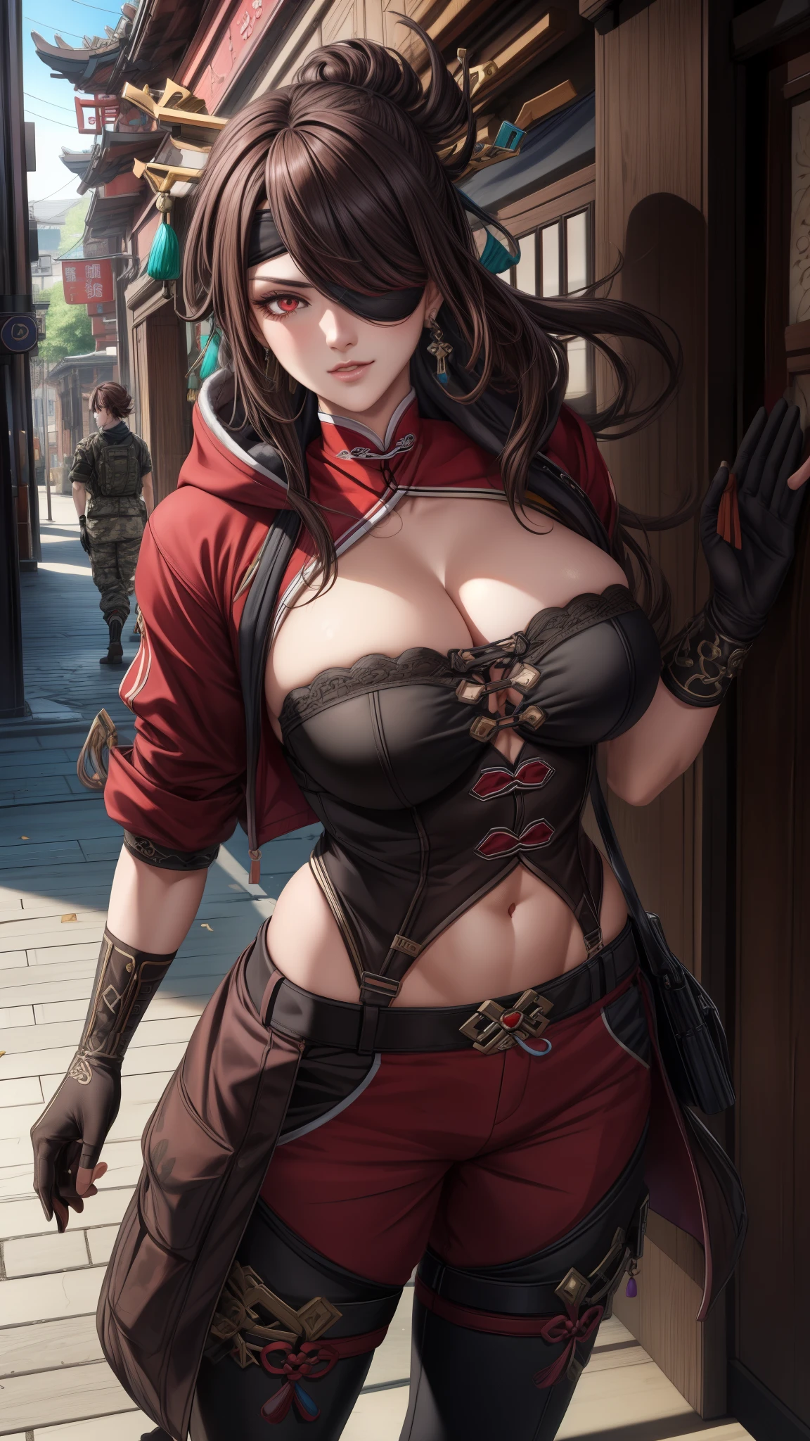 woman character, red eyes, sweatpants, black hoodie (jewelry, headbands: 1.1, Chinese style), blindfold patch(pirate eye), Beidou LoRa, no more characters (extremely detailed CG unity 4k wallpaper ). Camouflage military pants, long_hair, red_eyes, fingerless_gloves, hair_adornment, medium breasts, not cleavage, hair_stick, brown_hair, hairpin, black_gloves, casual street clothes, comfortable clothes.