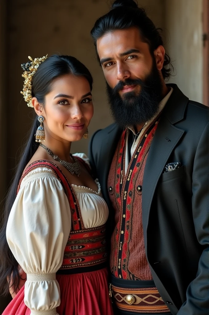 Peruvian couple from Lima who live in an Andean village, black haired wife, white skin and elegant provincial dress, black haired husband, black beard, pale skin and suit of ancient authority figures from rural Peru