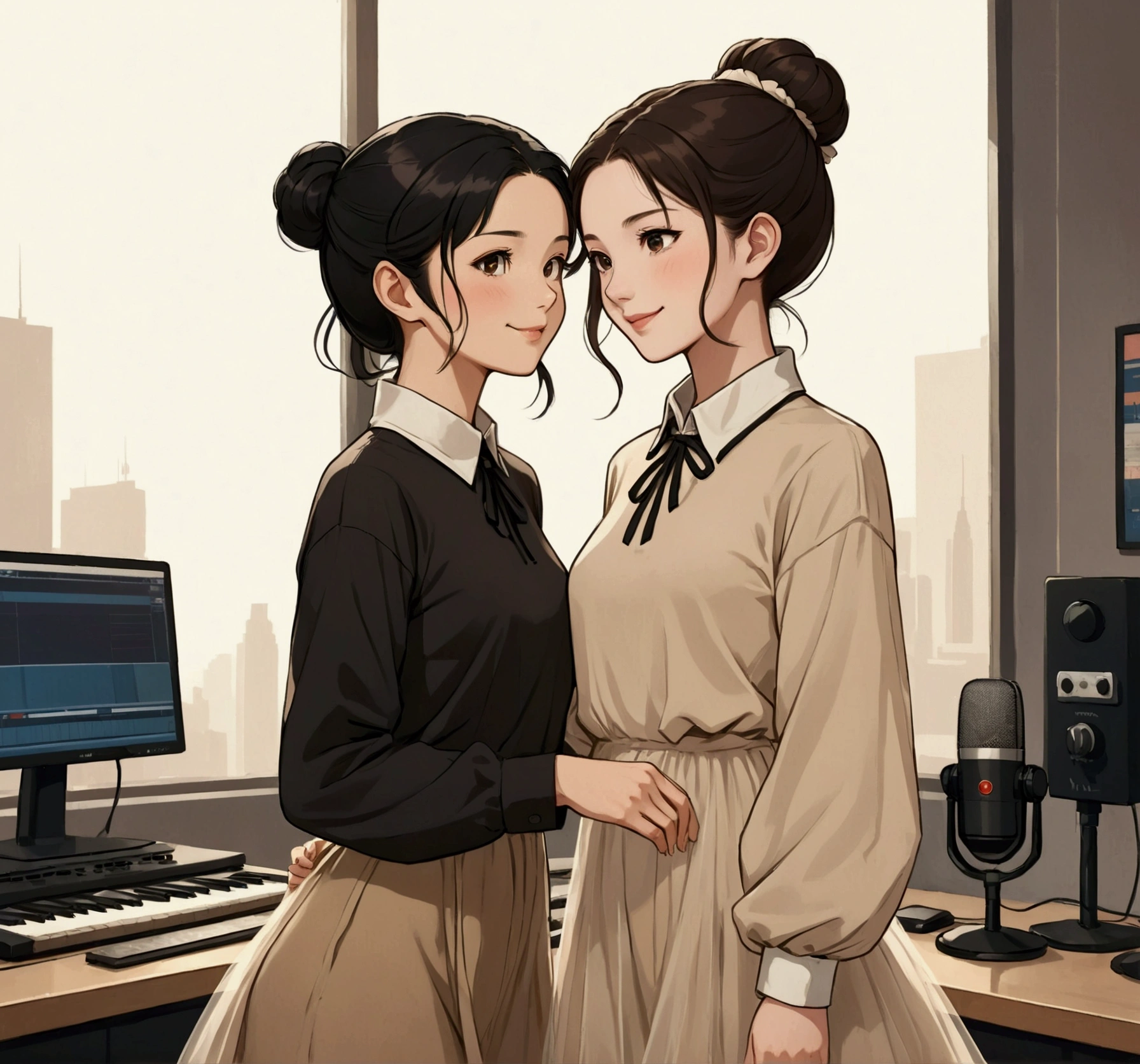  create an image in anime Illustration style of two women in love. One is a beautiful young woman with delicate Asian features and long, loose black hair, dressed in a simple light beige tulle dress with long sleeves and next to her is a beautiful young British woman with brown hair tied in a bun, dressed casually in a black t-shirt with a white collar trim and white wide leg jeans. They are both in a radio studio with their microphones in hand, laughing and having fun with the viewers.