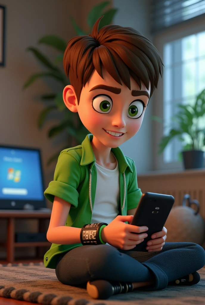 Ben 10 with a phone playing on the computer while looking back