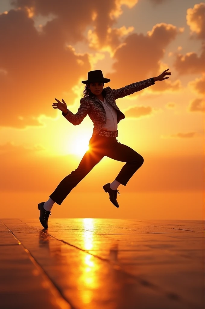 Michael Jackson dances on his toes at sunset.