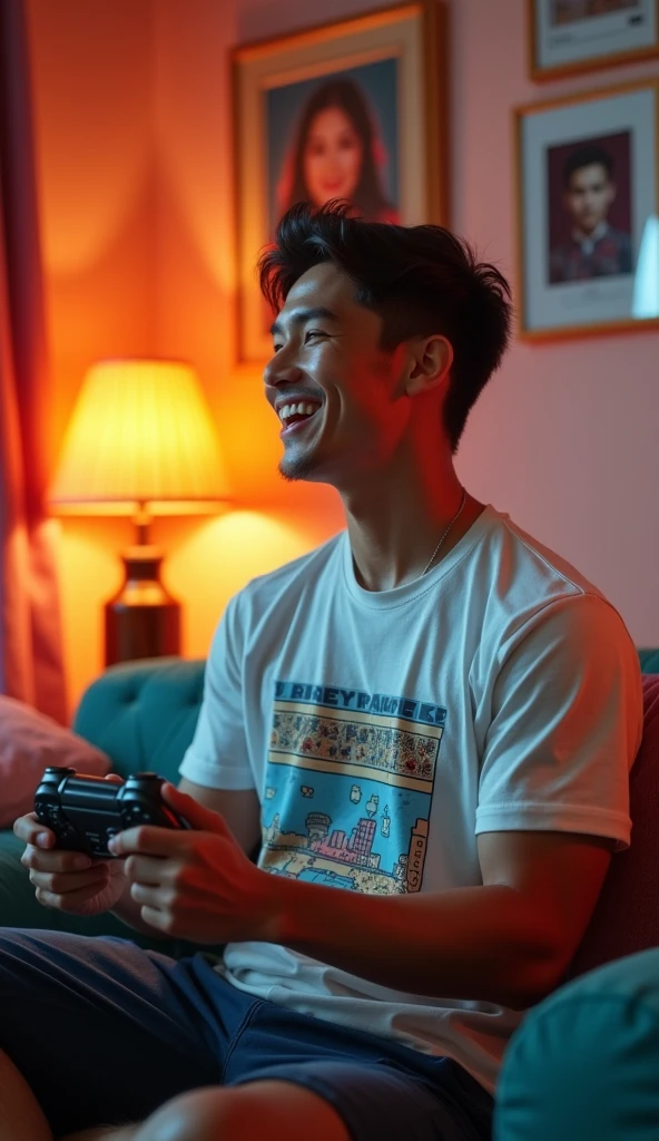 photorealistic, best quality, masterpiece, extremely detailed, (side view), extremely handsome, 20 year old bruneian man, no facial hair, muscular build, wearing 8bit graphic tshirt, laughing out loud, looking directly at camera, holding a video game console controller in one hand, holding a beer can in another hand, sitting on couch, in fun bedroom, extremely romantic atmosphere, perfect face, perfect fingers, perfect hands, perfection