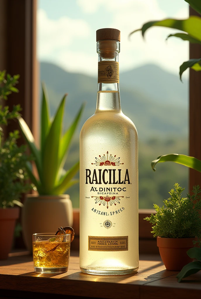 (photorealism:1.2), Una botella de Raicilla rodeada de agaves, The liquid inside the bottle has to be withe transparent, con un fondo que represente las montañas de Jalisco. soft lighting, plants in background, window with sunlight, cozy room, relaxed pose, realistic, intricate details, warm colors, by Greg Rutkowski, by Alphonse Mucha, 