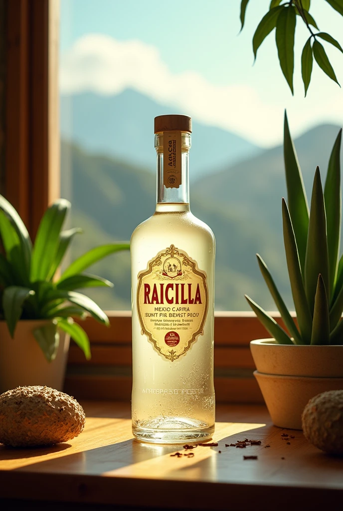 (photorealism:1.2), Una botella de Raicilla rodeada de agaves, The liquid inside the bottle has to be withe transparent, con un fondo que represente las montañas de Jalisco. soft lighting, plants in background, window with sunlight, cozy room, relaxed pose, realistic, intricate details, warm colors, by Greg Rutkowski, by Alphonse Mucha, 