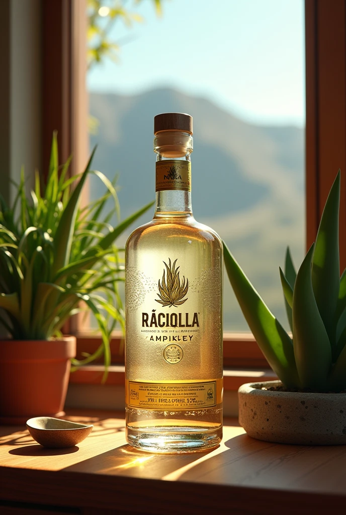 (photorealism:1.2), Una botella de Raicilla rodeada de agaves, The liquid inside the bottle has to be withe transparent, con un fondo que represente las montañas de Jalisco. soft lighting, plants in background, window with sunlight, cozy room, relaxed pose, realistic, intricate details, warm colors, by Greg Rutkowski, by Alphonse Mucha, 