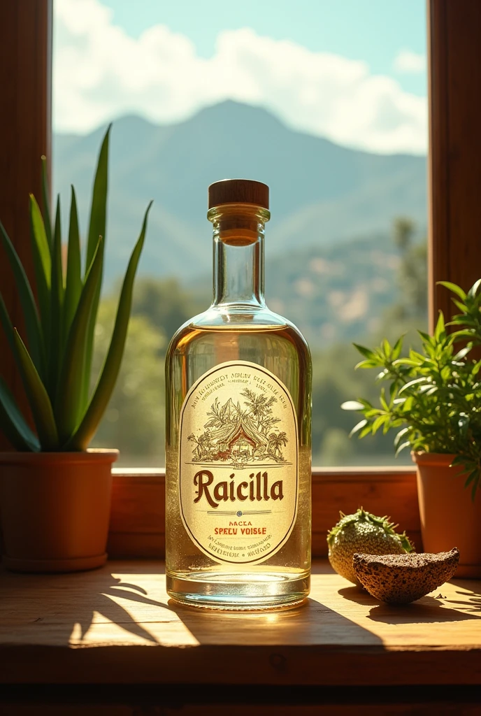 (photorealism:1.2), Una botella de Raicilla rodeada de agaves, The liquid inside the bottle has to be withe transparent, con un fondo que represente las montañas de Jalisco. soft lighting, plants in background, window with sunlight, cozy room, relaxed pose, realistic, intricate details, warm colors, by Greg Rutkowski, by Alphonse Mucha,