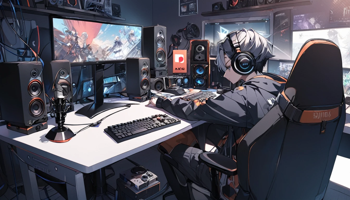 Create a image of "a 18 Years Anime Boy, sitting in front of a Computer Desk With a Microphone and Gaming Setup, Wearing white and Black hoodi White The Channel Name on It"SINJOX". The Background includes a Large YouTube Logo on the Wall With Name Is SINJOX, Plotted Gaming Video Game equipment either side, and Various Recording equipment. Face of the image is Silent