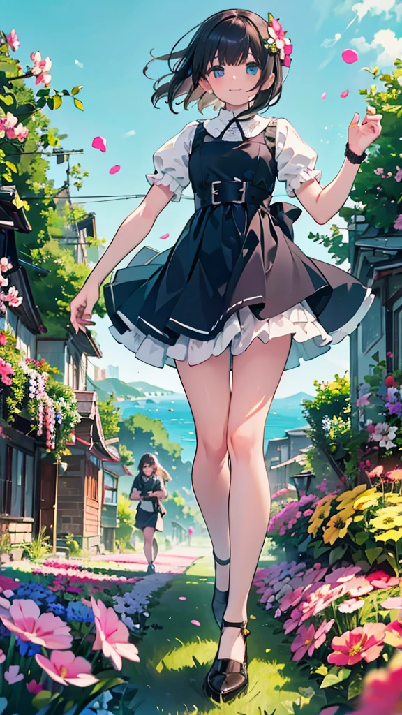 Official Art, wallpaper, Very detailed, (((Very detailed))), Realistic portraits, (high quality, masterpiece, High resolution) , 8k ウルトラHD, high quality, There are women, Surrounded by colorful flowers, Flower Field, Portrait of a woman with flowers, Beautiful young dark-haired woman, Fantastic and dreamy, 4K, 8k, Background Blur, smile, 10 years old, Angle from below, dynamic, Wide-angle, Aperture F1.2, Anatomically correct, Low - Angle, Full body photo, low length , Hair blowing in the wind, The dancing petals shine, horizon, dance, Bouncing, Dress