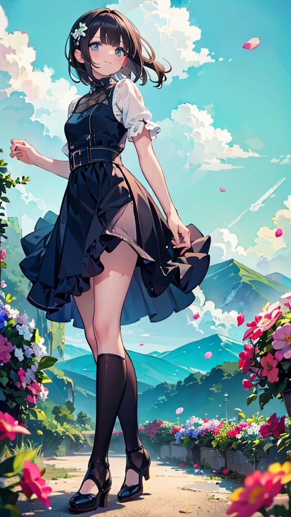 Official Art, wallpaper, Very detailed, (((Very detailed))), Realistic portraits, (high quality, masterpiece, High resolution) , 8k ウルトラHD, high quality, There are women, Surrounded by colorful flowers, Flower Field, Portrait of a woman with flowers, Beautiful young dark-haired woman, Fantastic and dreamy, 4K, 8k, Background Blur, smile, , Angle from below, dynamic, Wide-angle, Aperture F1.2, Anatomically correct, Low - Angle, Full body photo, low length , Hair blowing in the wind, The dancing petals shine, horizon, dance, Bouncing, Dress