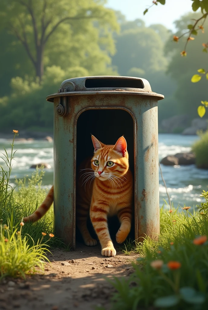 A ginger cat emerges from a steel dustbin on the bank of a large river where water is flowing. 