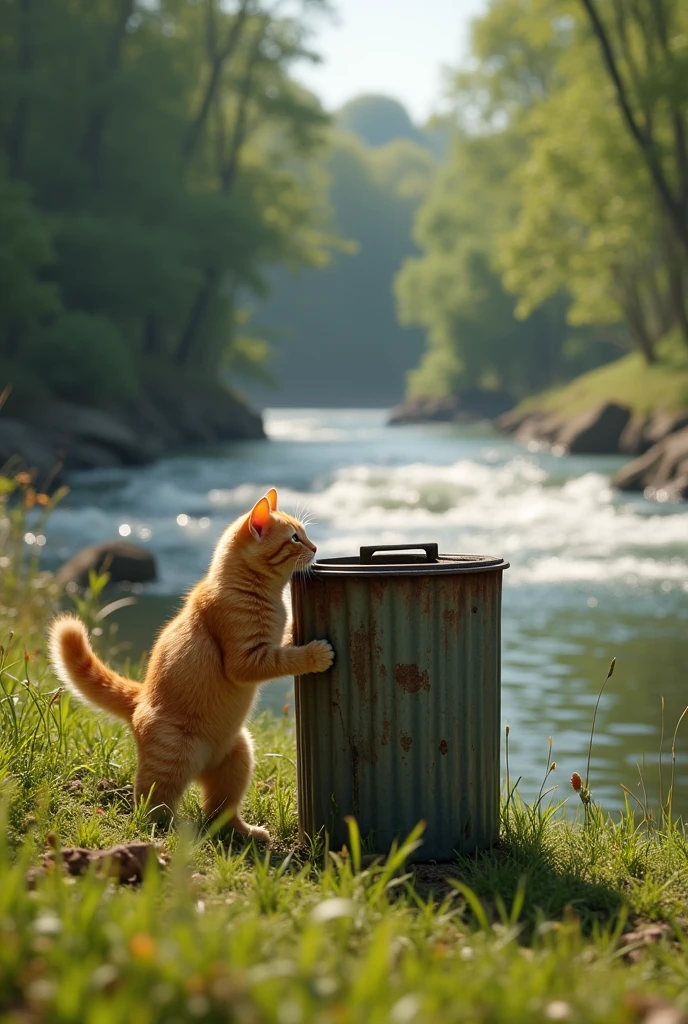 A ginger cat emerges from a steel dustbin on the bank of a large river where water is flowing.
