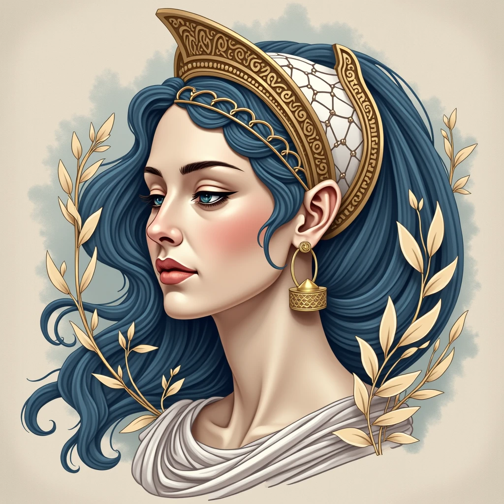 Head of Athena with Stylized Helmet: Imagine the head of Athena, the goddess of wisdom and war, designed in an elegant and simplified way. Her face would be serene and imposing, with classic features, highlighted by soft shadows and striking contours in the neo-traditional style. The Greek war helmet, simplified, could have curved and smooth lines characteristic of Art Nouveau, without too many excessive details.
Around the helmet, small simple ornaments, like stylized olive leaves, could intertwine, representing wisdom and peace, with a fluid and elegant touch. The crown or elements that decorate the helmet can follow a repetitive and delicate pattern, maintaining the Art Nouveau aesthetic.
The color palette may include shades of gold, white and deep blue, evoking Greek iconography, but applied with the vibrancy and contrasts of the neo-traditional style. This design would be a fusion of harmony, power and simplicity, capturing the essence of ancient Greece with a modern and fluid aesthetic.