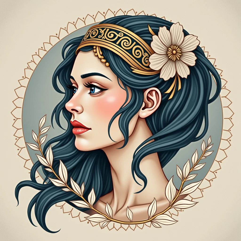 Head of Athena with Stylized Helmet: Imagine the head of Athena, the goddess of wisdom and war, designed in an elegant and simplified way. Her face would be serene and imposing, with classic features, highlighted by soft shadows and striking contours in the neo-traditional style. The Greek war helmet, simplified, could have curved and smooth lines characteristic of Art Nouveau, without too many excessive details.
Around the helmet, small simple ornaments, like stylized olive leaves, could intertwine, representing wisdom and peace, with a fluid and elegant touch. The crown or elements that decorate the helmet can follow a repetitive and delicate pattern, maintaining the Art Nouveau aesthetic.
The color palette may include shades of gold, white and deep blue, evoking Greek iconography, but applied with the vibrancy and contrasts of the neo-traditional style. This design would be a fusion of harmony, power and simplicity, capturing the essence of ancient Greece with a modern and fluid aesthetic.