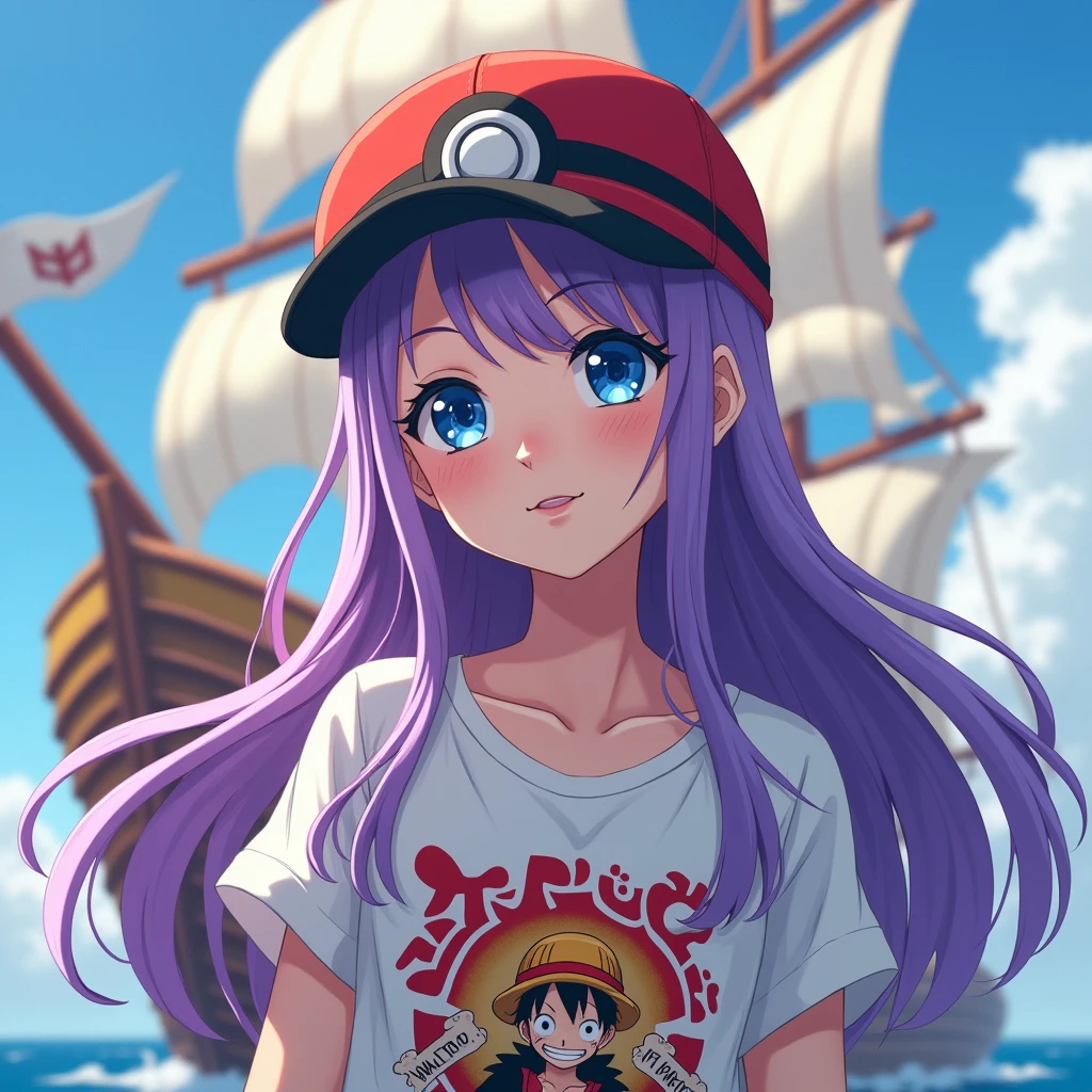 Female character, anime styling, cabelo roxo, long hair, pretty, skin fair, blue colored eyes, with a Pokémon Poké Ball hat, with naruto shippuden anime t-shirt, Luffy's ship from One Piece