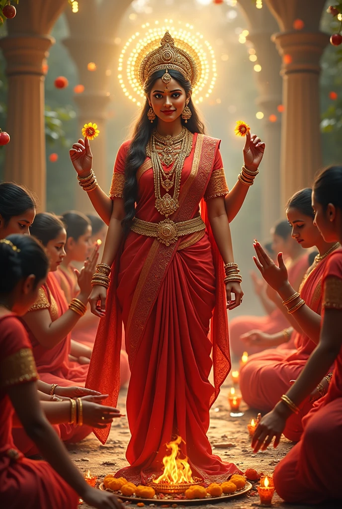 God varalakshmi devi picture, beautiful faca, spiritual background,with Pooja, designed flowers,some women's are doing Pooja,hd, clear ity, image,red saree,with God arnoments 