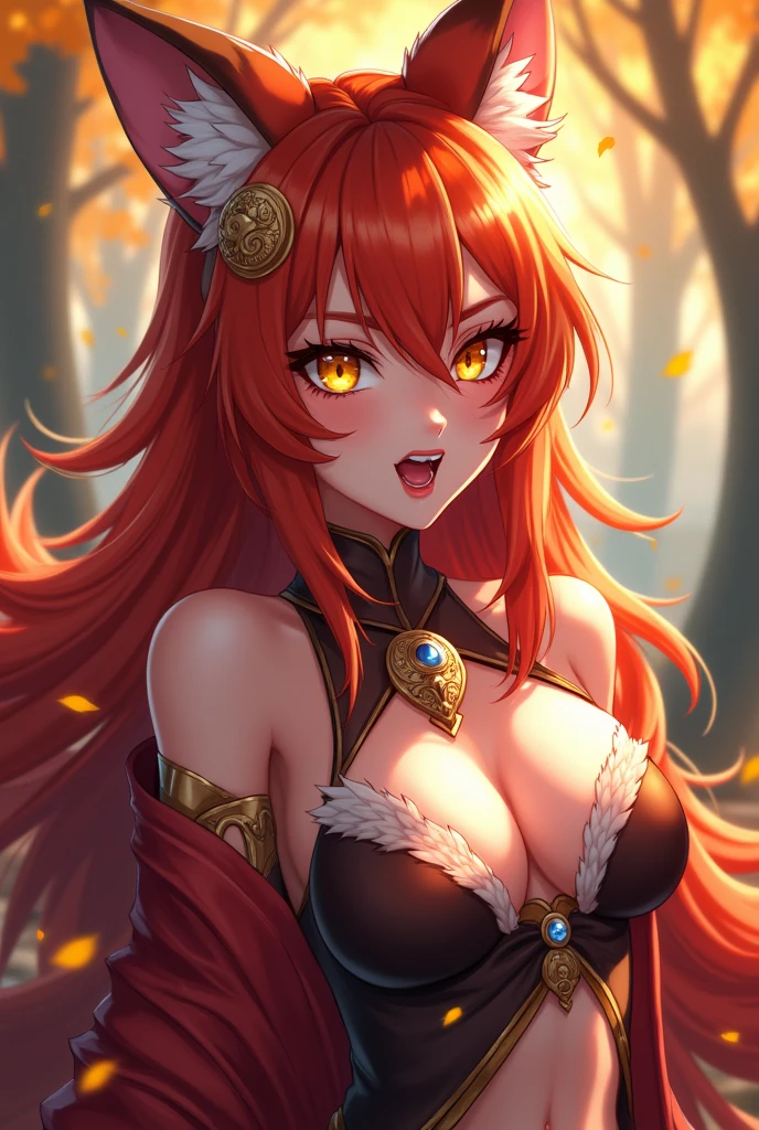 work of art, best qualityer, ultra detali, illustration, colorfully, Fall Color, Depth of field, Lens flare, 1 girl, ahri \(League of Legendsem cabelo, yellow eyes, hair ornament, fox ears, fox tails, アニメ, (shortstack), (shortstackBT), (close up), (trunk), (bare shirt, fangs, narrow), cowboy shot, looking ahead at viewer, at the forest, Detailed texture skin, beautifull detailed face, gaping mouth, fangs, excitado, seducer, attractive costume, clavicle, (Breasts huge, curved, voluptuous, curved)