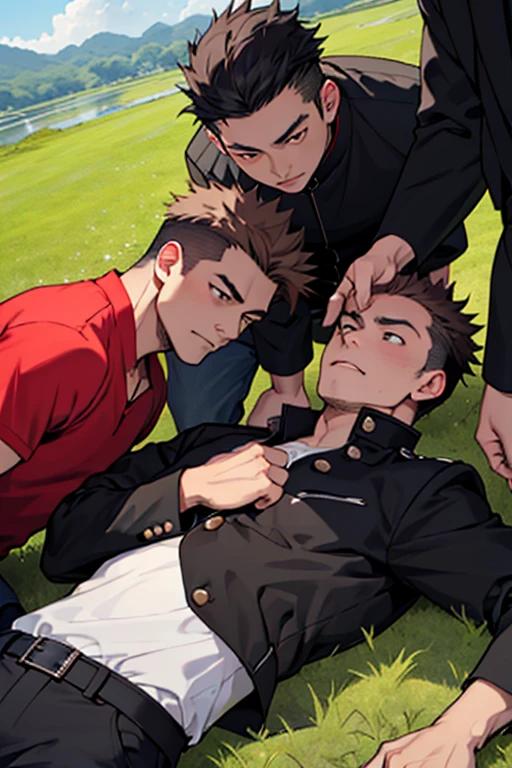 3 guys, With 3 people, Iris, Point pupils, Brown Hair, Black Hair、short hair, gakuran, Black jacket,Red Shirt、Black Belt, Black trousers, bad、Riverbank、On the grass、With 3 people笑顔、Lie down,　Upper Body　