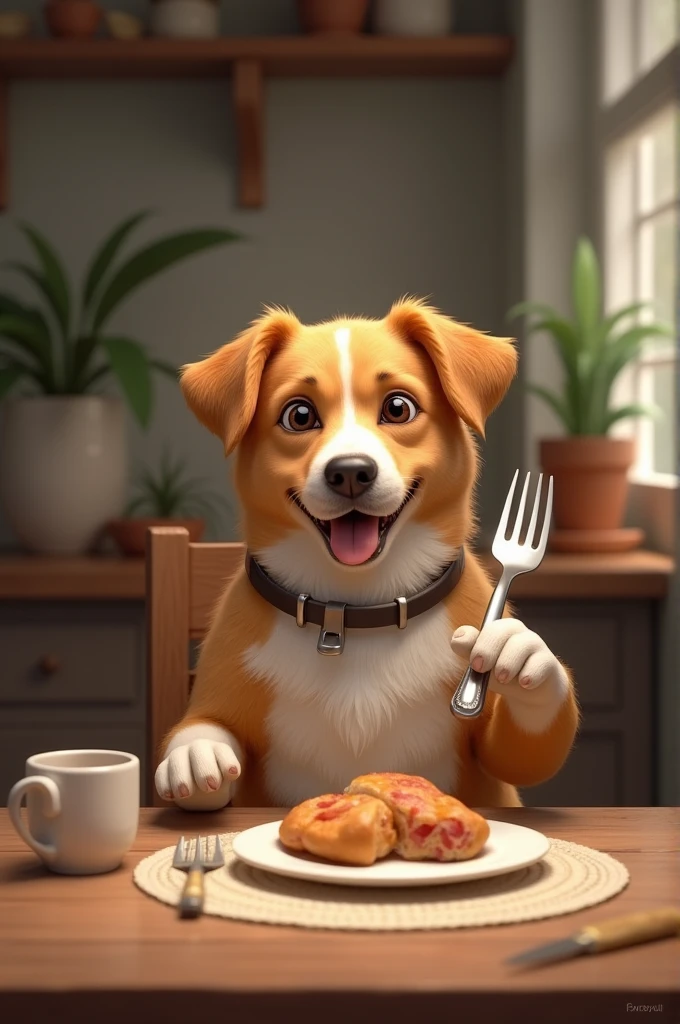 A dog eating with a fork 