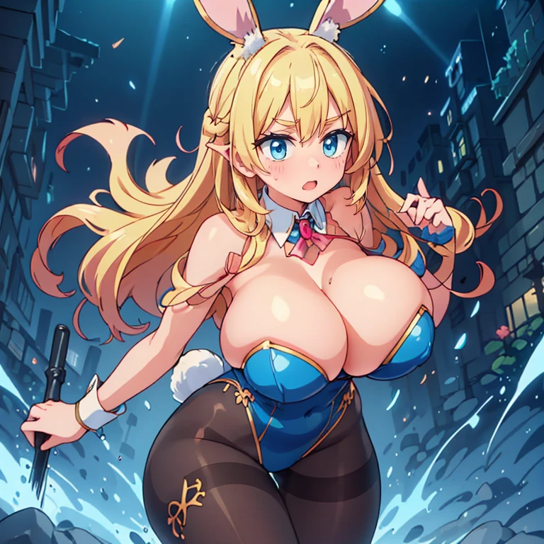 Anime Kawaii y Perfect Slim sensual body large bred huge thighs, An intricate and highly detailed illustration of anime (Young girl). A beautiful bunny girl with blonde hair wearing a colorful pantyhoseume, detailed facial features, highly detailed, 8k, photorealistic, dynamic lighting, fantasy, vibrant colors, masterpiece