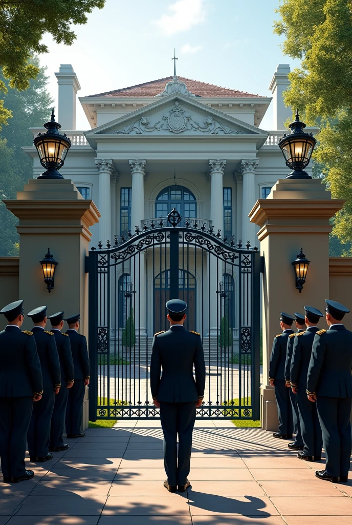 Create a mansion with 1930s architecture, a dark blue square with a large gate and soldiers in gala attire guarding the place.