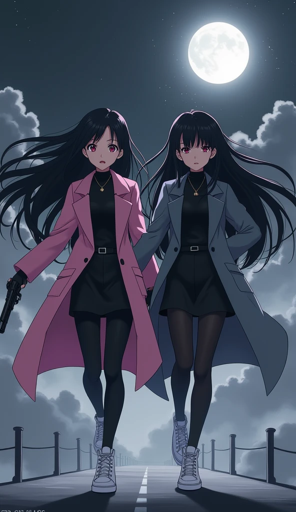 Two young womens long black hairs, yuri.
The first young women black eyes wear a pink long coat, black shirt, black pencil skirt, black underpants, black tights, black gloves, white sneakers high top.
The second young women black eyes wore a grey long coat, black shirt, black pencil skirt, black underpants, black tights, black gloves, white sneakers high top.
holding a one pistol handguns, running, black grey sky, fantastic night sky, moon, foggy, cartoon anime, 4K, HD